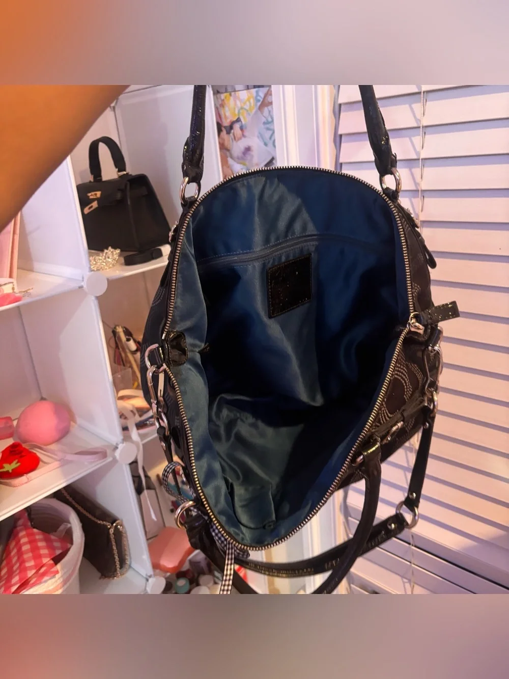 Coach Black Signature Dot Satchel with Bow Accent